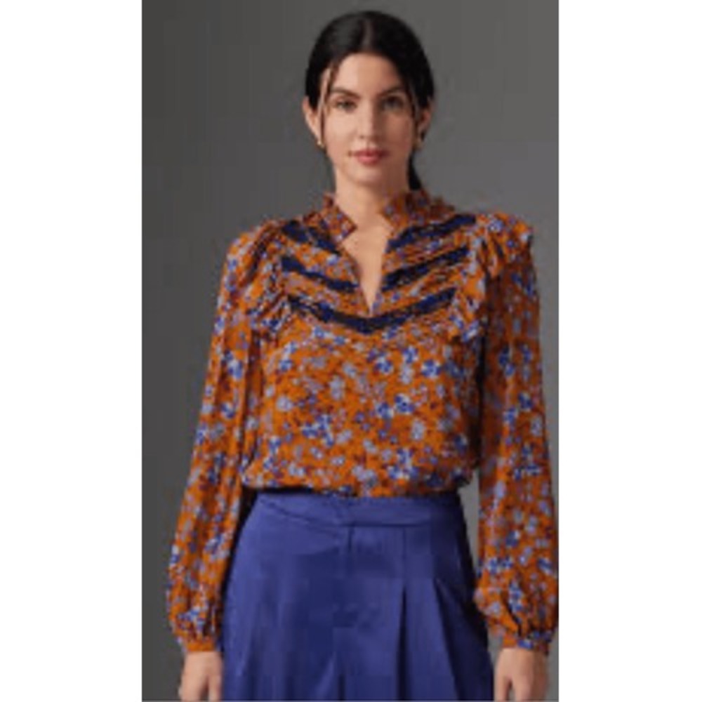 Gilner Farrar Anya Blouse Women Small Tuscany Yellow Floral Lace Ruffle Boho NEW